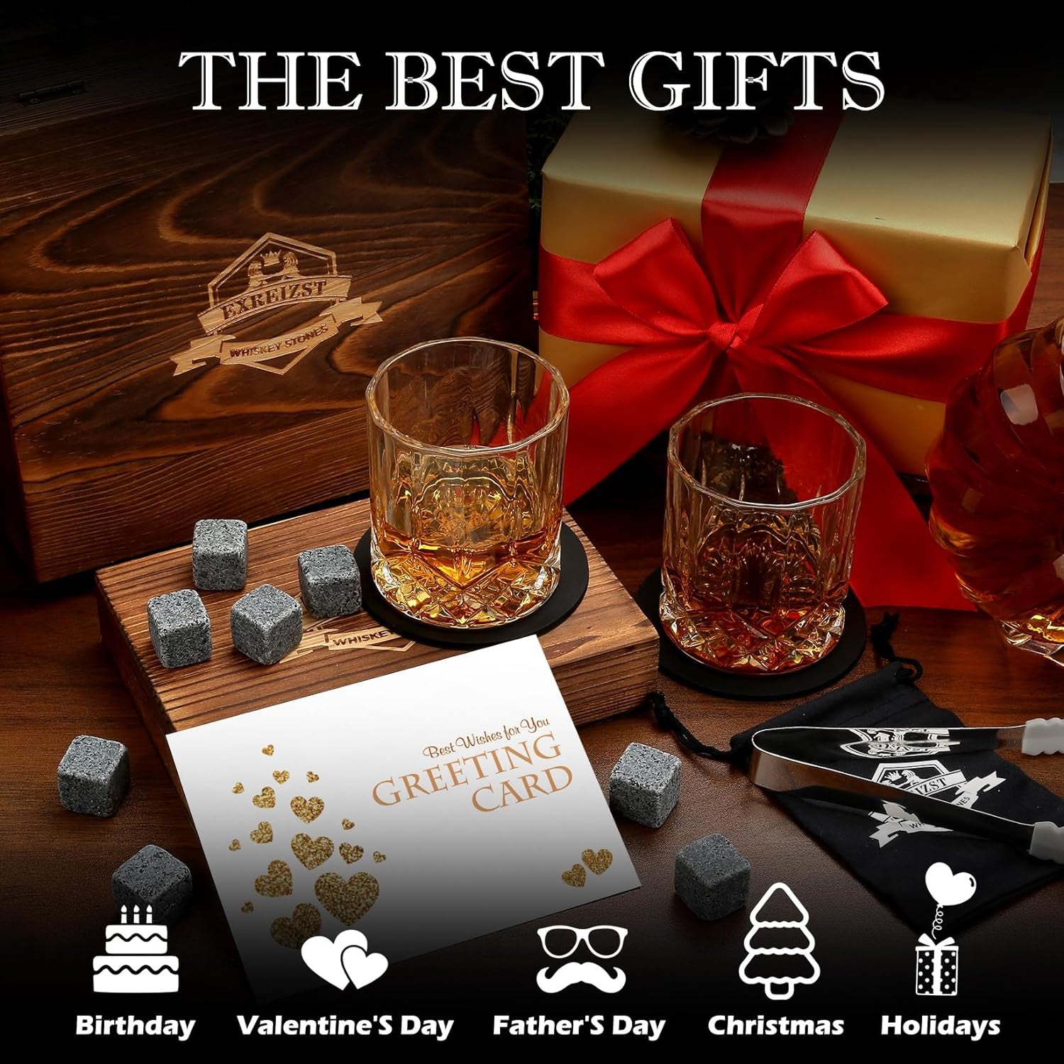 Whiskey Stones Gift Set - Whiskey Glass Set of 2 - Granite Chilling Whiskey Rocks - Scotch Bourbon Box Set - Best Drinking Gifts for Men Dad Husband Birthday Party Holiday Present
